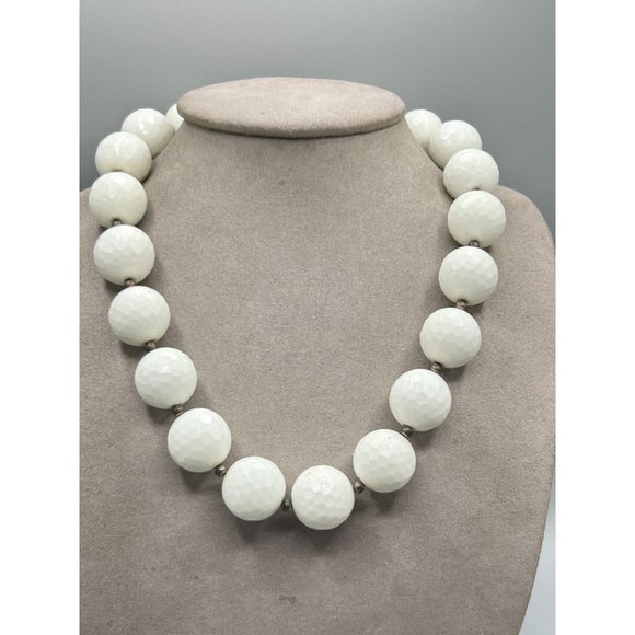 White Glass Beads Necklace Oversized Beads Unusual Signed Sterling Silver Clasp - Picture 2 of 9
